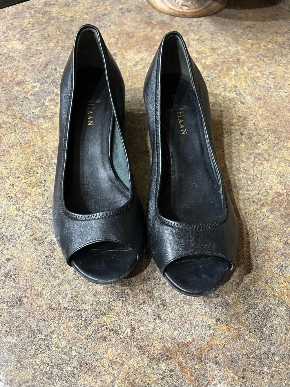 NWOT Cole Haan Nike Air Black Leather Peep Toe Wedges Rare Women’s 6.5
